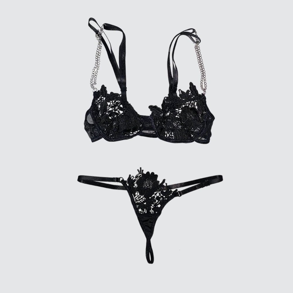 [NWOT] Flower Lace Applique Chain Strap Mesh Lingerie Set